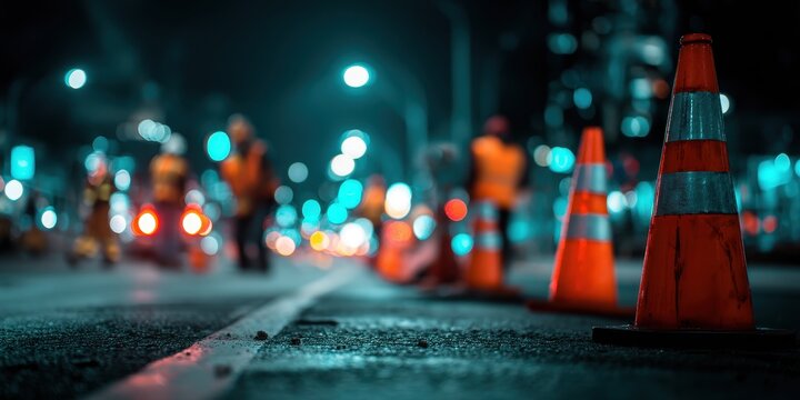 Road construction work at night with traffic cones and workers in high visibility vests