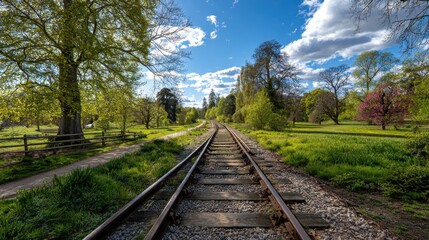 Obraz premium Old railway tracks winding through a lush green park on a sunny day with fluffy clouds