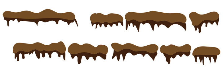 Snow caps collection, cartoon snow ledges, icy icicles, winter frozen elements, holiday game assets, arctic environment design, festive seasonal illustration set. Cartoon snow caps and drips vector.  © Hike Studio 888