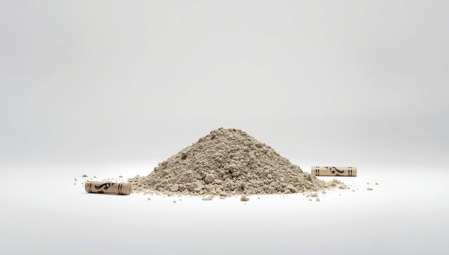 Cement post and mortar mixture on white background