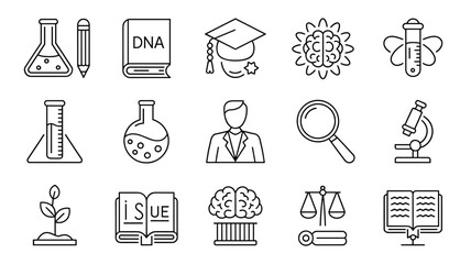 Science and education icons set featuring biology laboratory equipment study materials and research symbols vector