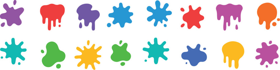 Color ink blots. Colorful paint splatters and drips in organic splashes. Bright, playful, bold abstract graffiti spots for kids art blobs,   © Laiba