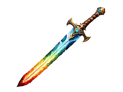 A colorful sword with a wooden handle on a white background