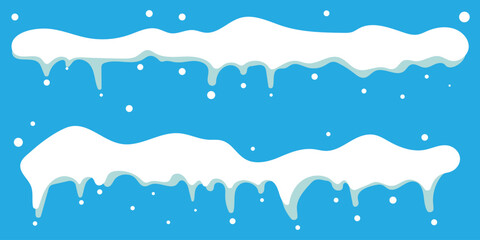 Obraz premium Collection of cartoon snow caps and icicles in a simple, flat design. Set of various frozen snow and ice elements, perfect for decorating roofs, text, or frames for a winter theme. Snow caps, clouds. 