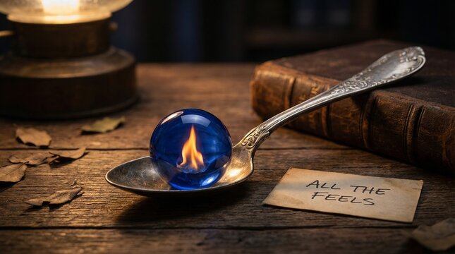 A blue glass ball with a small flame sits on a silver spoon next to a note and old books