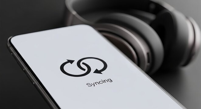 smartphone syncing with wireless headphones on a sleek black surface