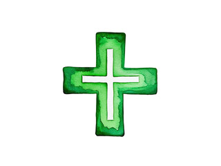 Obraz premium A green cross painted in watercolor on a white background, perfect for use in spiritual or wellness-themed designs