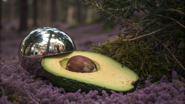 A halved avocado with a reflective sphere in a serene forest setting surrounded by purple flowers and greenery.