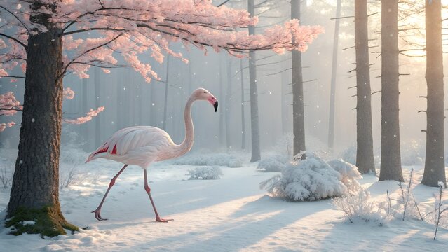 A pink flamingo walks through a snowy forest with cherry blossom trees in bloom