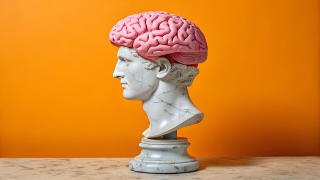 A marble bust of a man with a pink brain on top, set against a vibrant orange background.