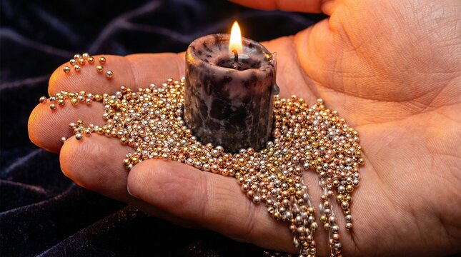 A hand holding a lit candle surrounded by gold beads on a dark background