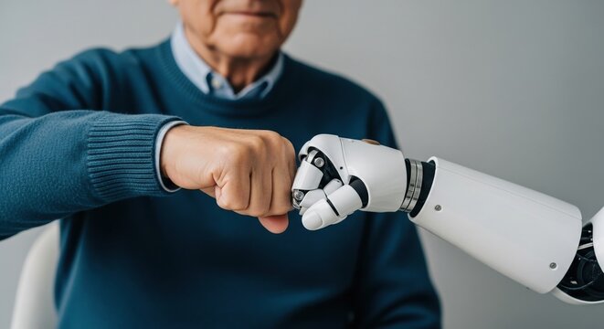 elderly man fist bumping with robot hand symbolizing human and technology connection