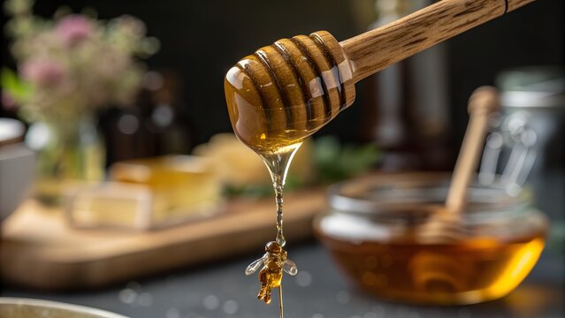 A honey dipper drips golden honey onto a table with a jar and flowers in the background