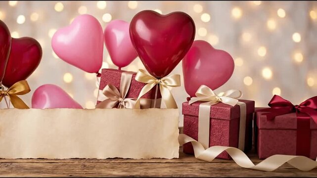 Valentine's Day background with heart balloons, gift boxes, and blank parchment paper for copy space on wooden table against bokeh lights