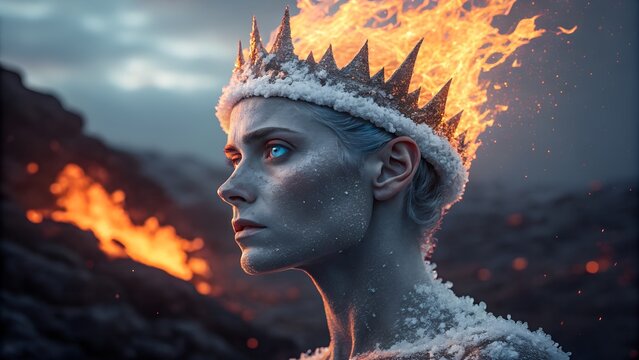 A woman with a fiery crown and icy skin stands against a backdrop of flames and snow.