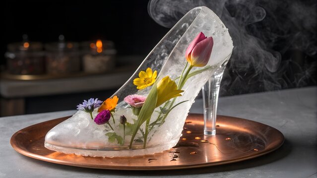 A delicate ice sculpture of a high-heeled shoe with colorful flowers on a copper plate