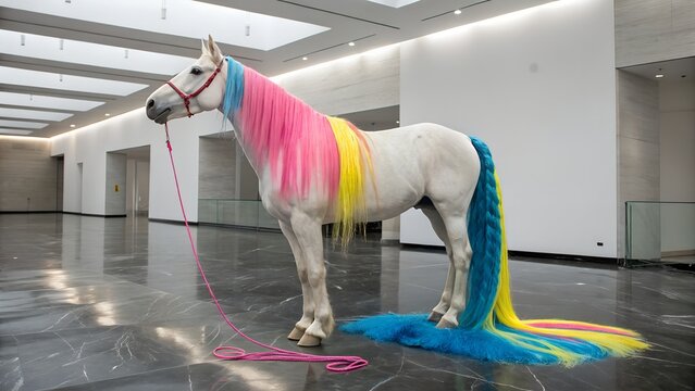 A white horse with a colorful mane and tail stands in a modern art gallery