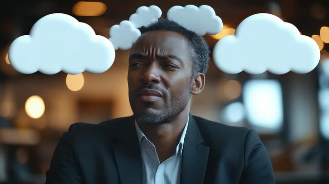 Man thinking deeply in a modern office with soft lighting and cloud visuals above his head