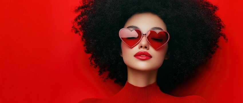 Woman wears heart-shaped sunglasses and red clothes on bright red background during a fun photoshoot session