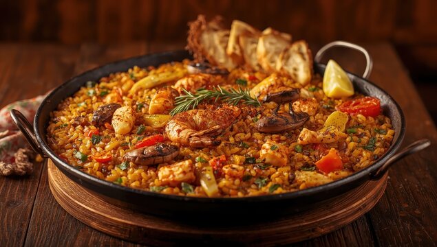 Classic Valencian paella: a dish with typical dry rice and a Mediterranean look