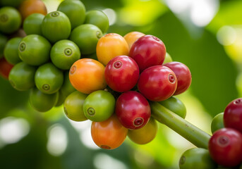 Detailed Macro Shot of Colorful Ripening Coffee Cherries on Branch
