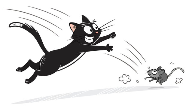 Dynamic cartoon black cat leaping towards a fleeing mouse, energetic illustration for action, speed, and playful concepts.