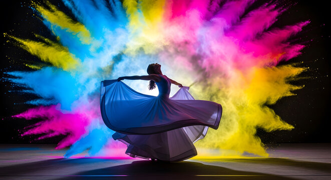 Holi woman dancer traditional dress lehenga color powder wing splash motion beauty fashion jewelry joy celebration culture india portrait model grace spin