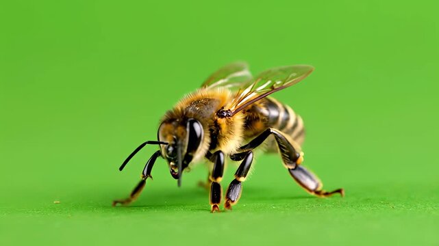 Close-up of a bee on a green background, macro photography.