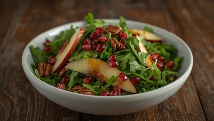 Close-up of autumn salad featuring arugula, apple, pomegranate, and candied pecans