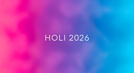 Obraz premium Holi 2026 text purple pink blue smoke background celebration festival holiday design poster graphic creative abstract mist dreamy