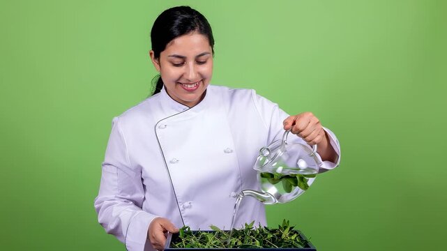 Chef pouring water on fresh greens for a healthy meal preparation.