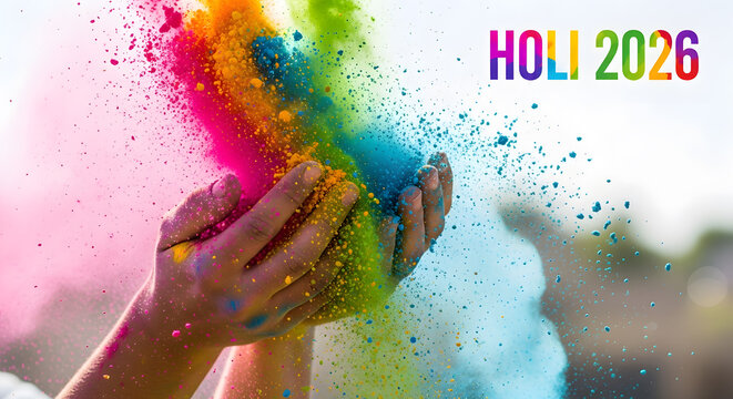 Hand throwing rainbow powder color splash celebration joy festival culture holiday spring motion light happiness friendship event