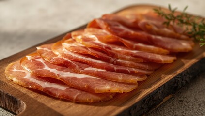 Obraz premium Close-up of thin jamón slices on a wooden board