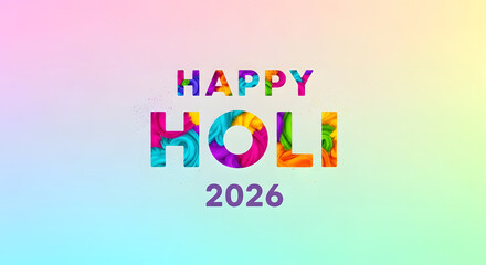 Obraz premium Happy Holi 2026 calligraphy rainbow paint splash white background celebration festival holiday greeting card poster graphic creative invitation