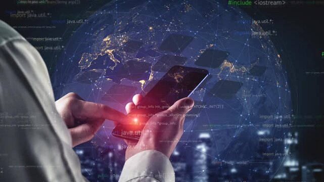 A person interacts with a smartphone amidst a digital landscape representing global connectivity and technology. The scene captures modern communication insights. Xenic