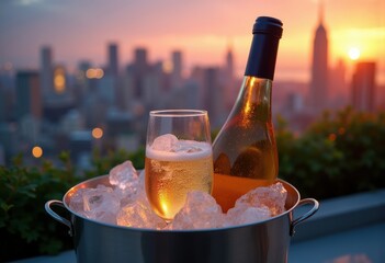Obraz premium Chilled White Wine Ice Bucket Rooftop Terrace Cityscape Luxury Lifestyle Evening Relaxation