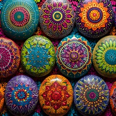 Collection of beautiful colorful hand painted stones decorated with intricate mandala dot art and floral geometric patterns for meditation yoga and creative hobby concept