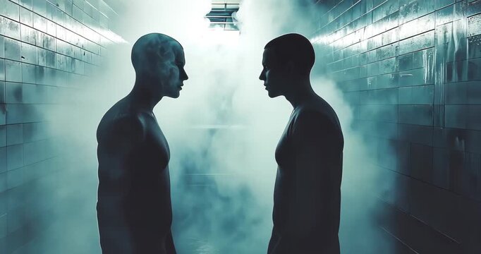 Two obscured figures stand facing each other amidst smoke in a tiled corridor, creating a mysterious and atmospheric scene.