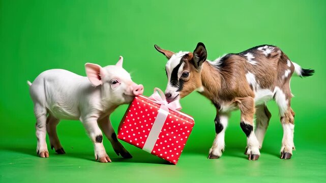Piglet and Goat with a Gift Box on a Green Background.