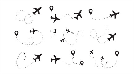 Obraz premium Minimal airplane journey and navigation symbols in flat vector style