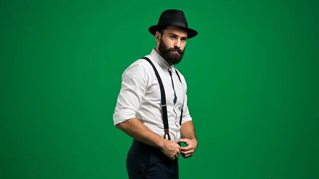 Stylish man in a hat and suspenders poses in front of a green screen.