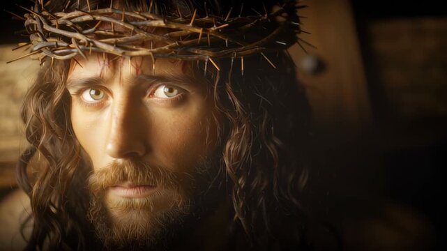 Close up of Jesus Christ man with long hair wearing crown of thorns carrying cross. Religious passion and suffering concept.