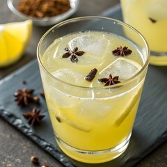 Close-up of a glass of lemonade containing star anise and lemon slices
