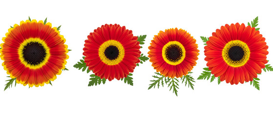 Set of four vibrant red and yellow gerbera daisy flowers isolated on a white background.