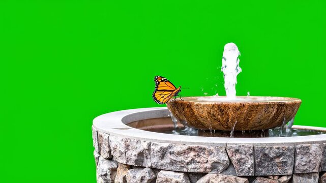 Butterfly Flies Near Fountain with Water Spraying in Garden.