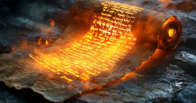 A close-up shot of an ancient scroll burning with glowing text, creating a mystical and dramatic atmosphere with intense warm colors.