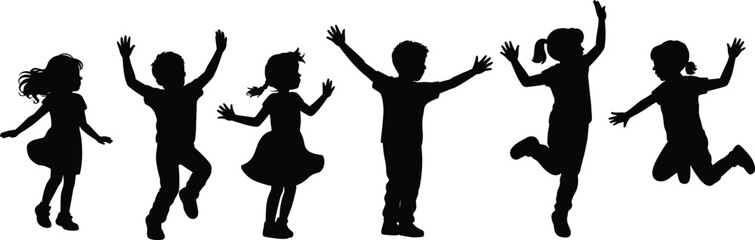 Children, silhouettes, kids, jumping, playing, happy, fun, joy, childhood, active, motion, energy, celebration, freedom, friends, group, isolated, background, white, playful