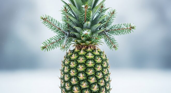 Fresh green pineapple decorated with evergreen pine branches covered in white snow flakes against blurry winter landscape background for holiday mood