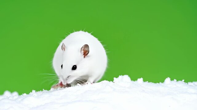 Adorable White Gerbil Posing on a Snowy Surface with Green Background.