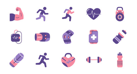 Fototapeta premium A collection of flat design icons representing various aspects of fitness, health, and sports activities.